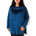 Bluza dama, cod 249, model 1, marime mare culoare albastru-turcoazcu imprimeu catifelat