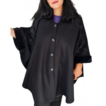 Jacheta stil Poncho elegant, dama, model 1, din stofa, guler cu blanita si broderie crosetata , marime mare, culoare negru Ac...